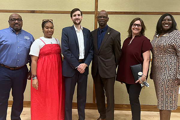Left to right: Ron Williford, president of the board of directors of The Business Center; Siani Butler, ’22, MBA ’23, community program developer at The Nonprofit Center at La Salle; Michael Shorr, director of the Southeast Region Office of the Pennsylvania Department of Community and Economic Development; State Representative Stephen Kinsey; Kara Wentworth, Executive Director at The Nonprofit Center at La Salle; and Michelle Snow, Founder of Grow with Snow. 