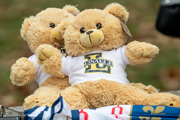 Image of two stuff-a-bears wearing La Salle t-shirts. 