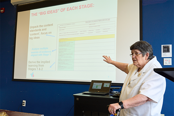Sister Edward William Quinn, I.H.M., Archdiocese of Philadelphia assistant superintendent of curriculum, instruction, and assessment, teaches students during a presentation.