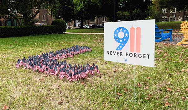 Image of American flags on the Hansen Quad.