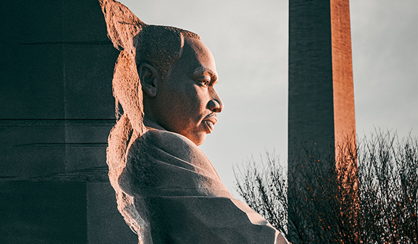 A vertical shot of the Martin Luther King Memorial near the Washington Monument