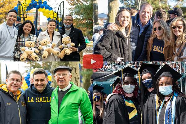 Four images of La Salle students and alumni posing for photos.