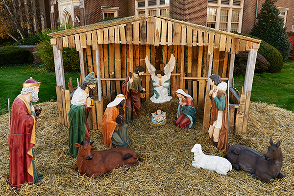 The Nativity scene set-up on the yard outside of College Hall.
