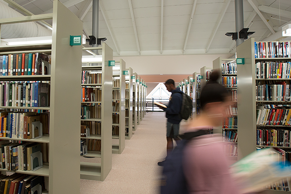 Image of two students reading in the library.