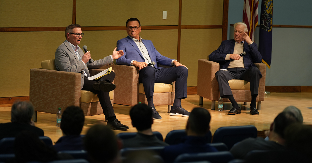 Pictured from left: Mike Sielski, ’97, Tim Legler, ’88, and Bill Raftery, ’63 at the Voices of La Salle panel. 