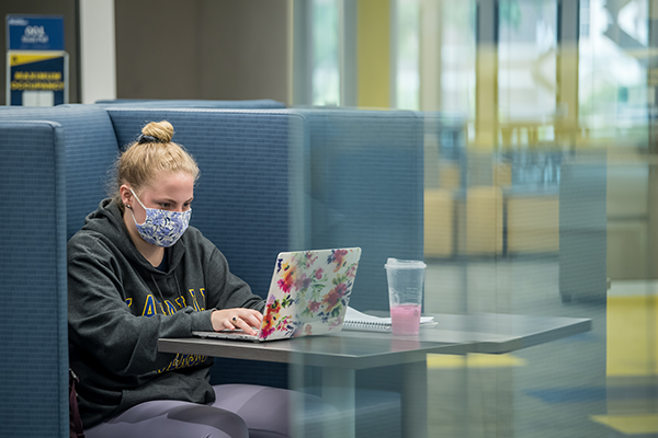 A student working on her laptop in the library.