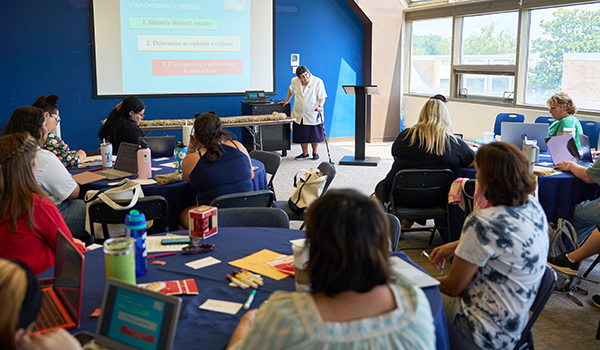 Sister Edward William Quinn, I.H.M., Archdiocese of Philadelphia assistant superintendent of curriculum, instruction, and assessment, teaches students during a presentation.