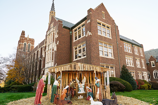 Image of the nativity scene in front of College Hall. 