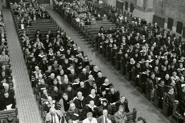 On March 21, 1993, a crowd gathered at St. Patrick’s Church in Philadelphia for the inauguration of Brother Joseph Burke, ’68, FSC, Ph.D. The University community will gather in large numbers in October 2022 to celebrate the Inauguration of Daniel J. Allen, Ph.D., as La Salle’s 30th President. Photo courtesy of University Archives.