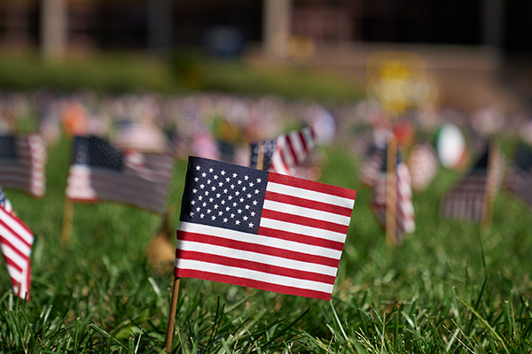 Image of a small, American flag stuck in the ground on the Hansen Quad.